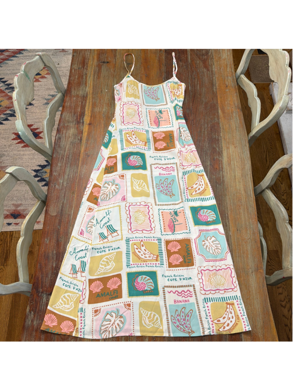 L*Space NWT Summer Somewhere Slip Maxi Dress Postcards Stamp Print XS Scoop Back